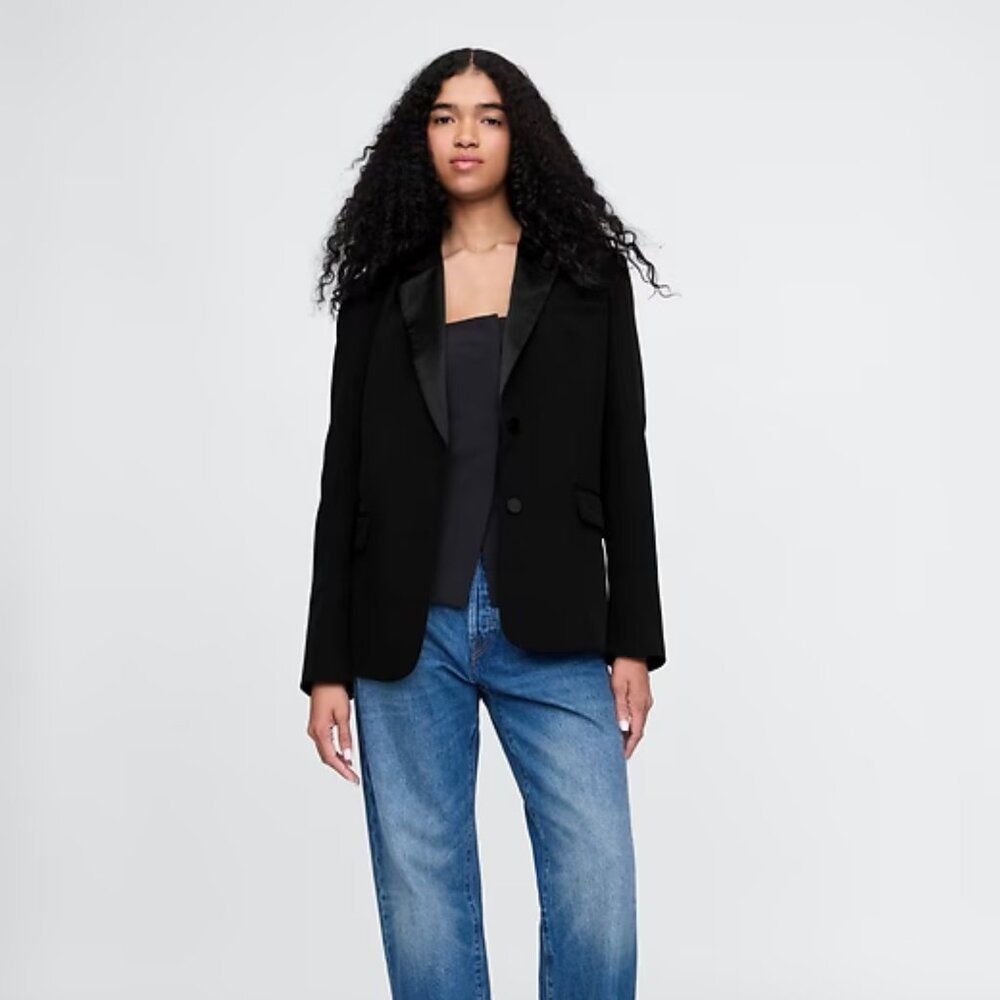 NEW GAP Black Bi-Stretch Satin Trim Blazer